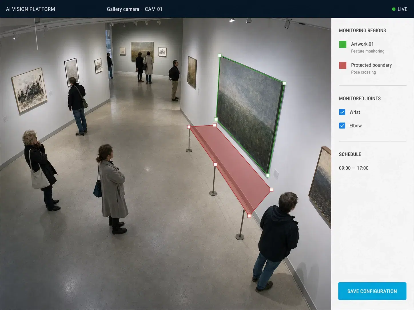 Vision platform console for configuring artwork and protected boundary regions on a gallery camera