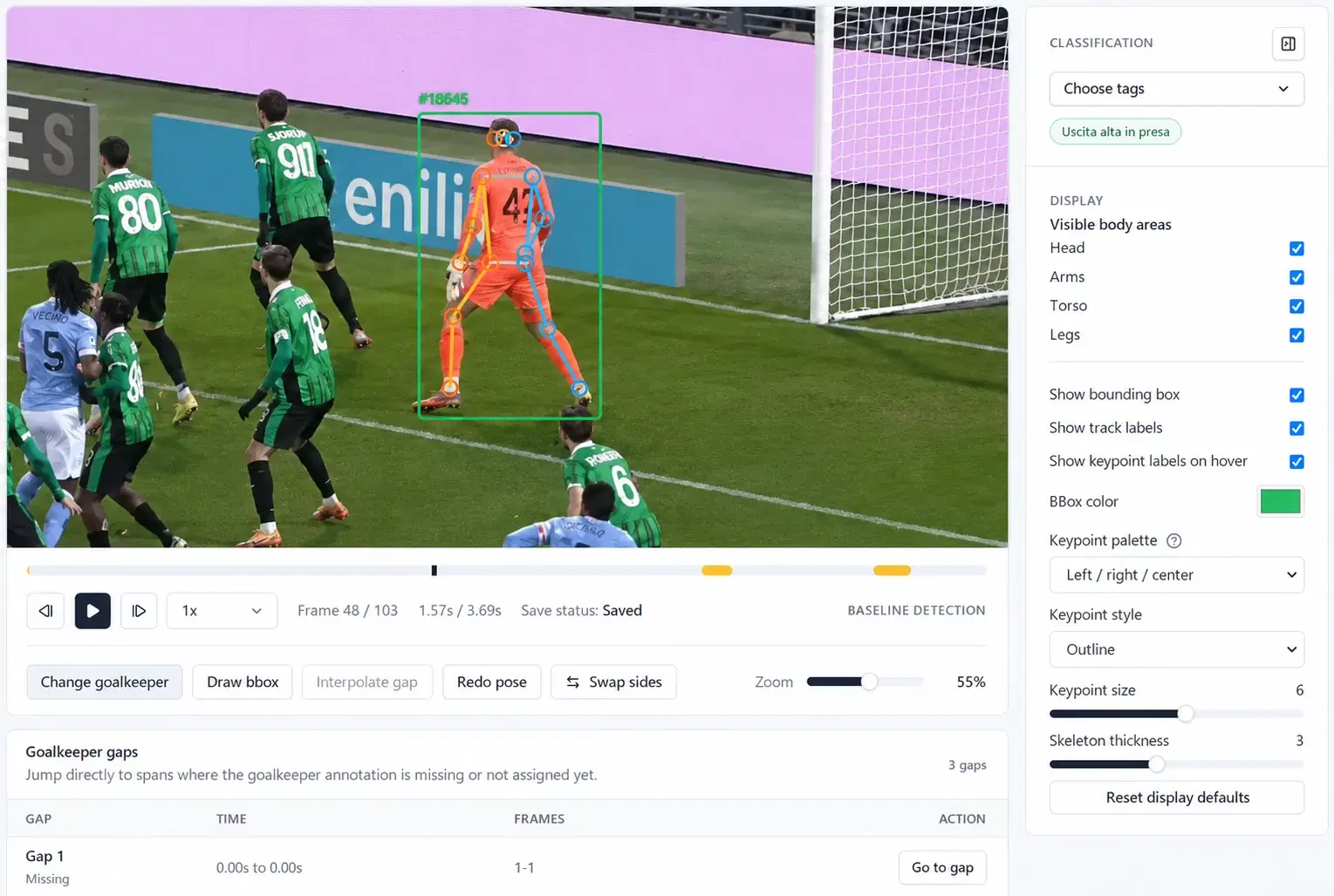 GKM Tech analyst workspace for goalkeeper classification, pose correction and annotation review