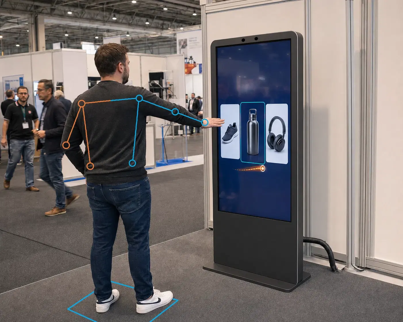 Visitor interacting with a gesture-controlled kiosk while pose tracking marks the active user in the interaction zone