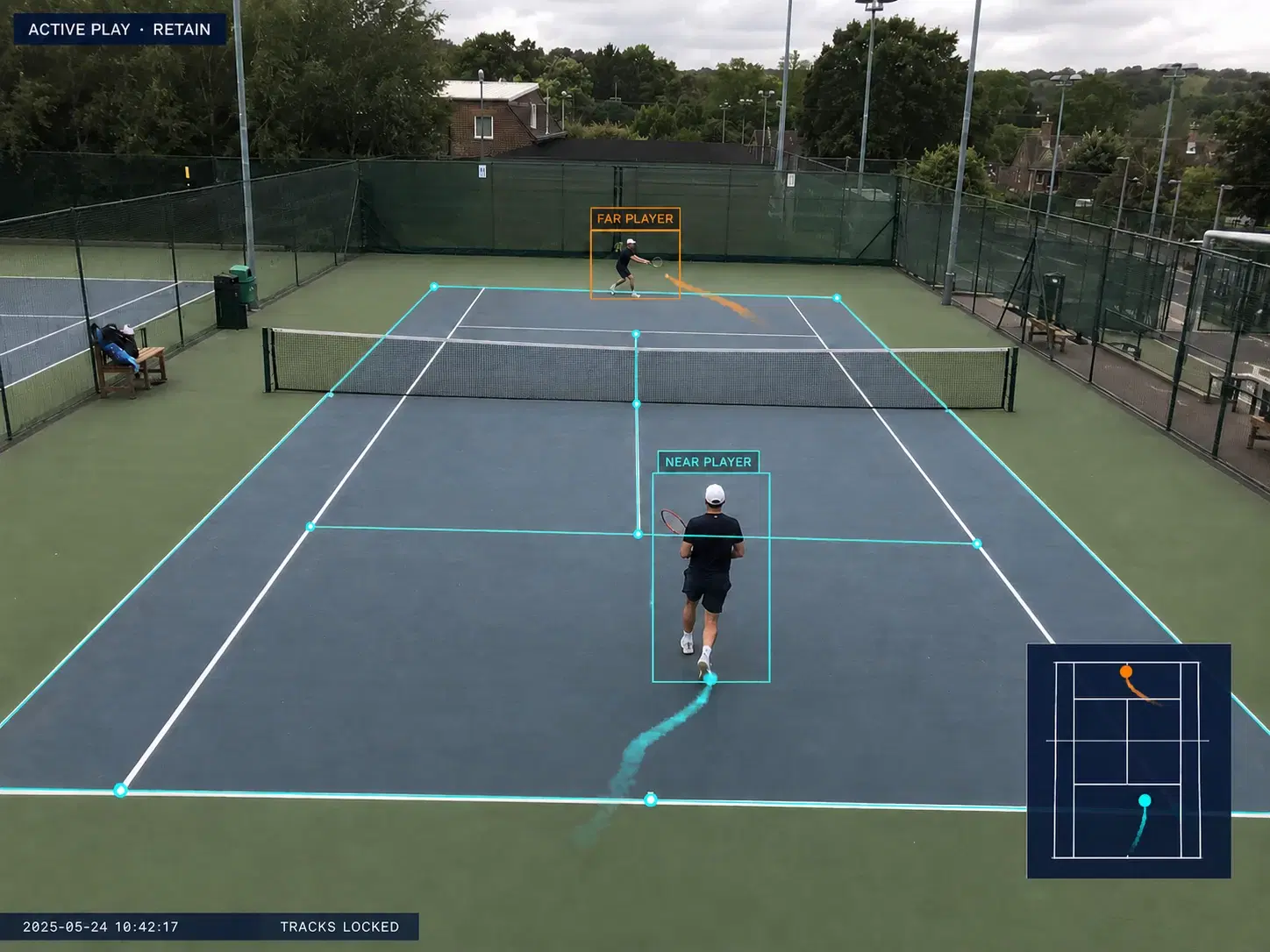 Fixed-camera tennis court with calibrated geometry, player tracking and active-play retention state