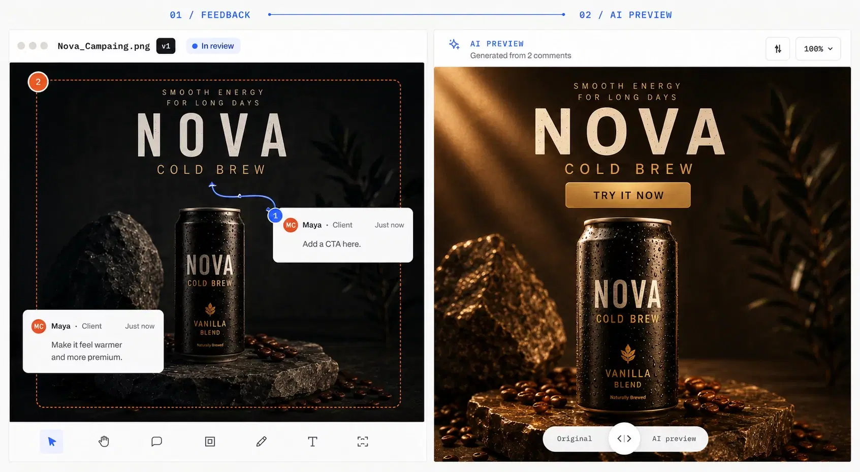 ZapFolder feedback and AI-generated preview shown side by side