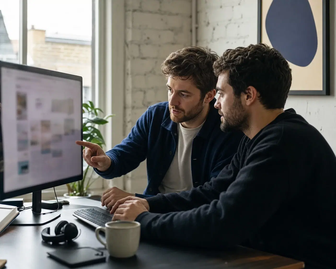 Two software product founders reviewing work together on a large monitor