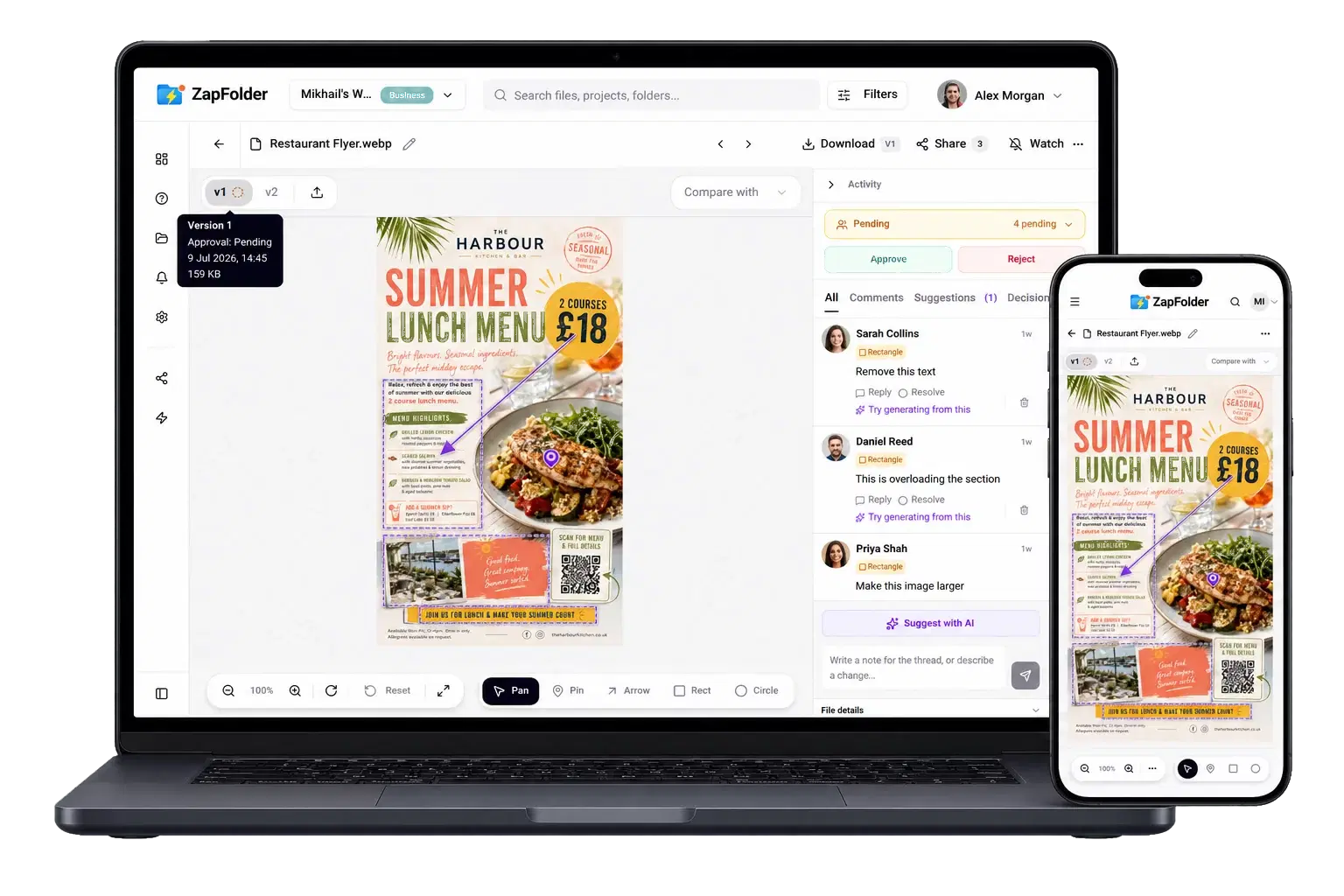ZapFolder product shown across desktop and mobile interfaces
