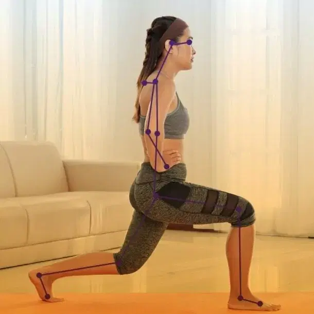 Person completing a rehabilitation exercise with body pose landmarks overlaid