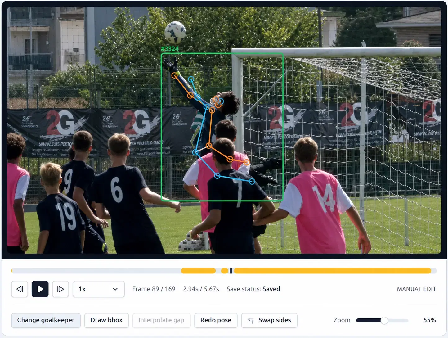 GKM Tech analyst workspace reviewing goalkeeper tracking and pose evidence frame by frame